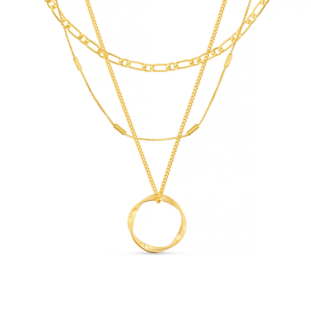 Open Circle Three Row Necklace Gold1