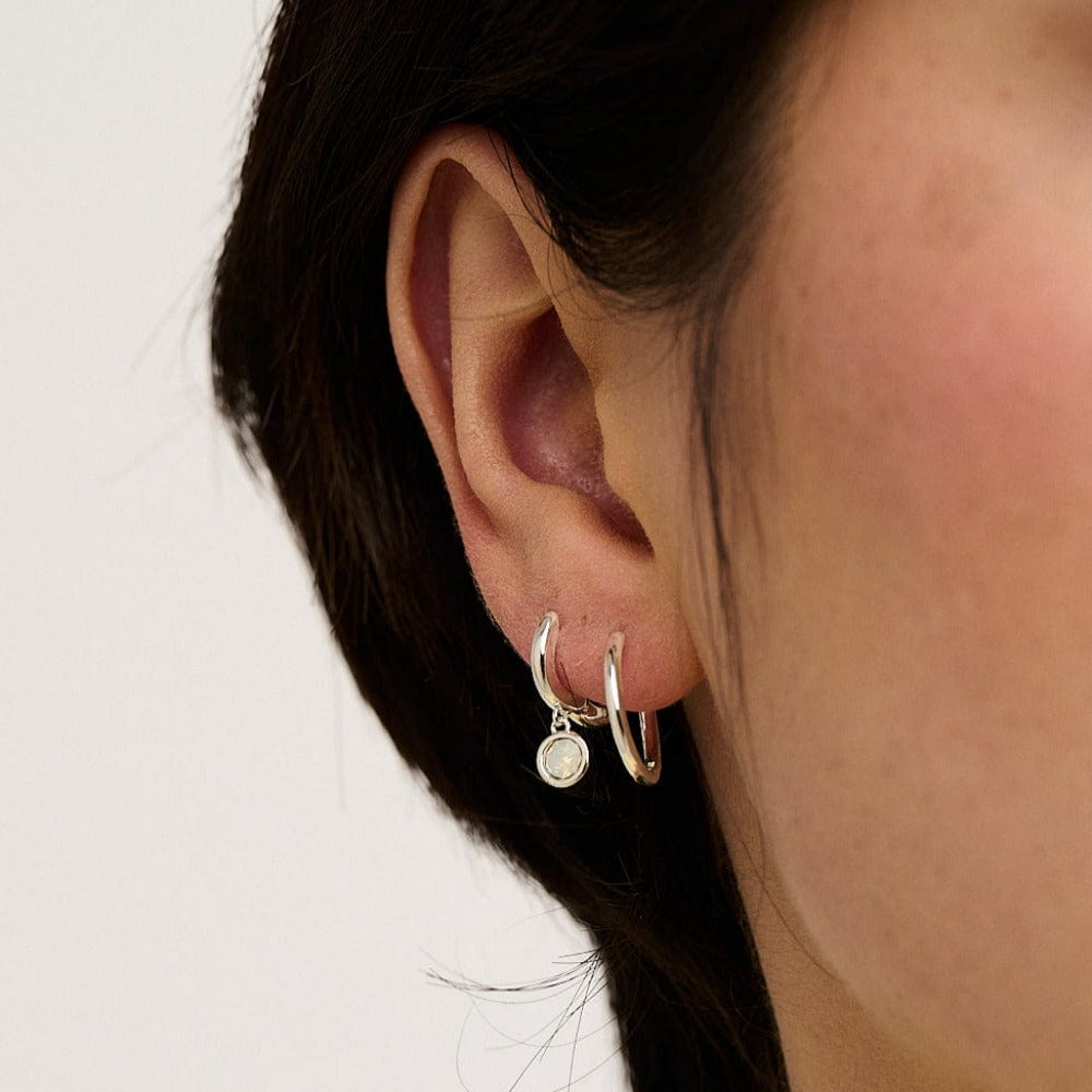 Sterling Silver 15mm Simulated White Opal Huggie Hoop Earrings – Prong Set