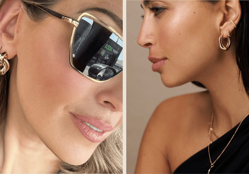 Rachel Stevens wearing Orelia Statement Interlocking Earrings, and a model wearing various Orelia earrings