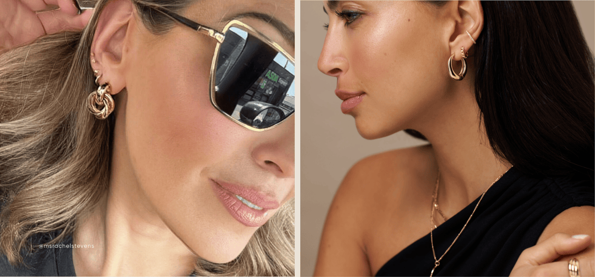 Rachel Stevens wearing Orelia Statement Interlocking Earrings, and a model wearing various Orelia earrings