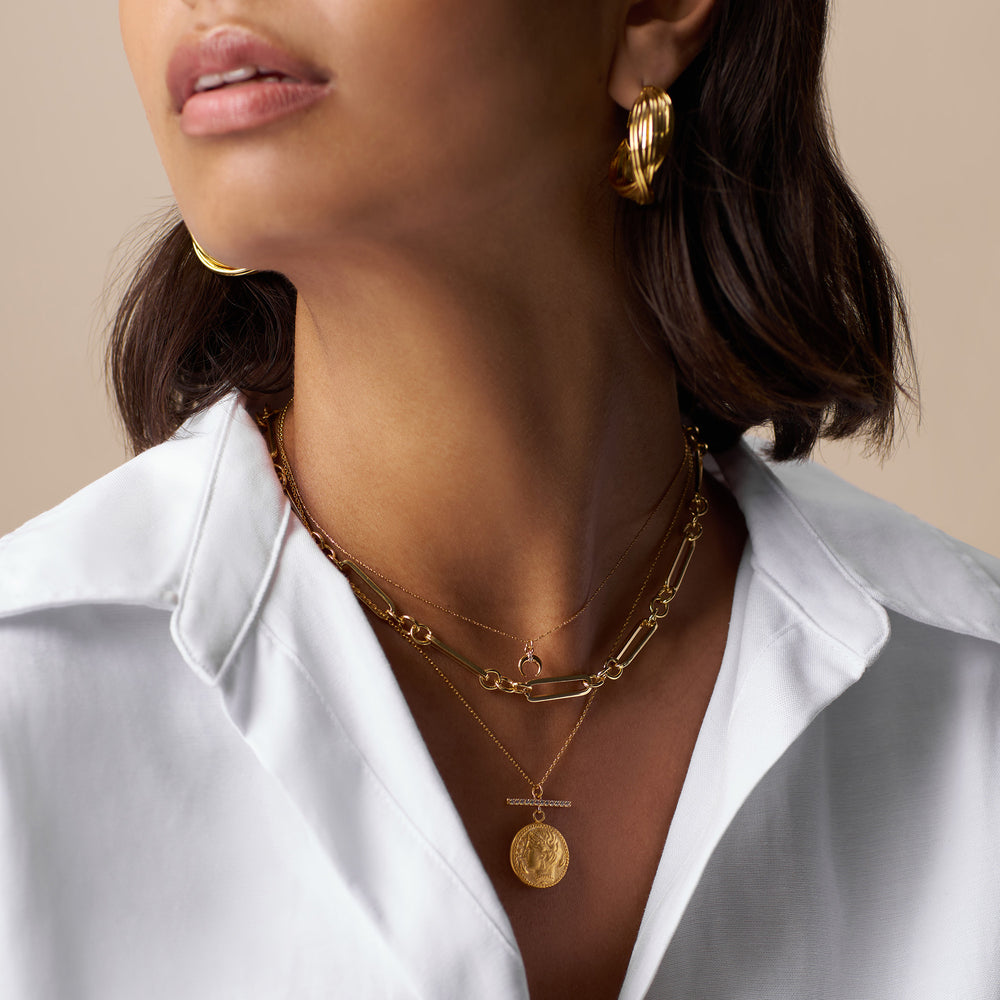Pave T-Bar & Goddess Coin Necklace