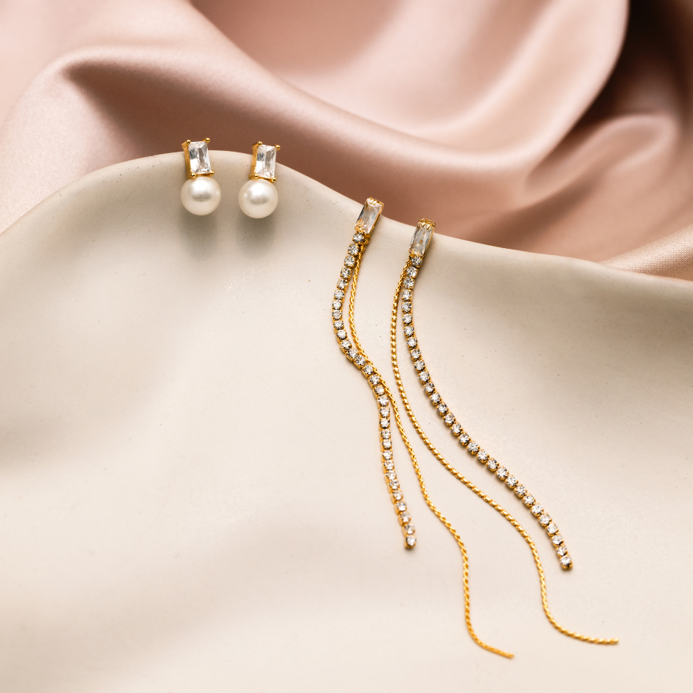 Crystal Baguette & Pearl Stud Earrings