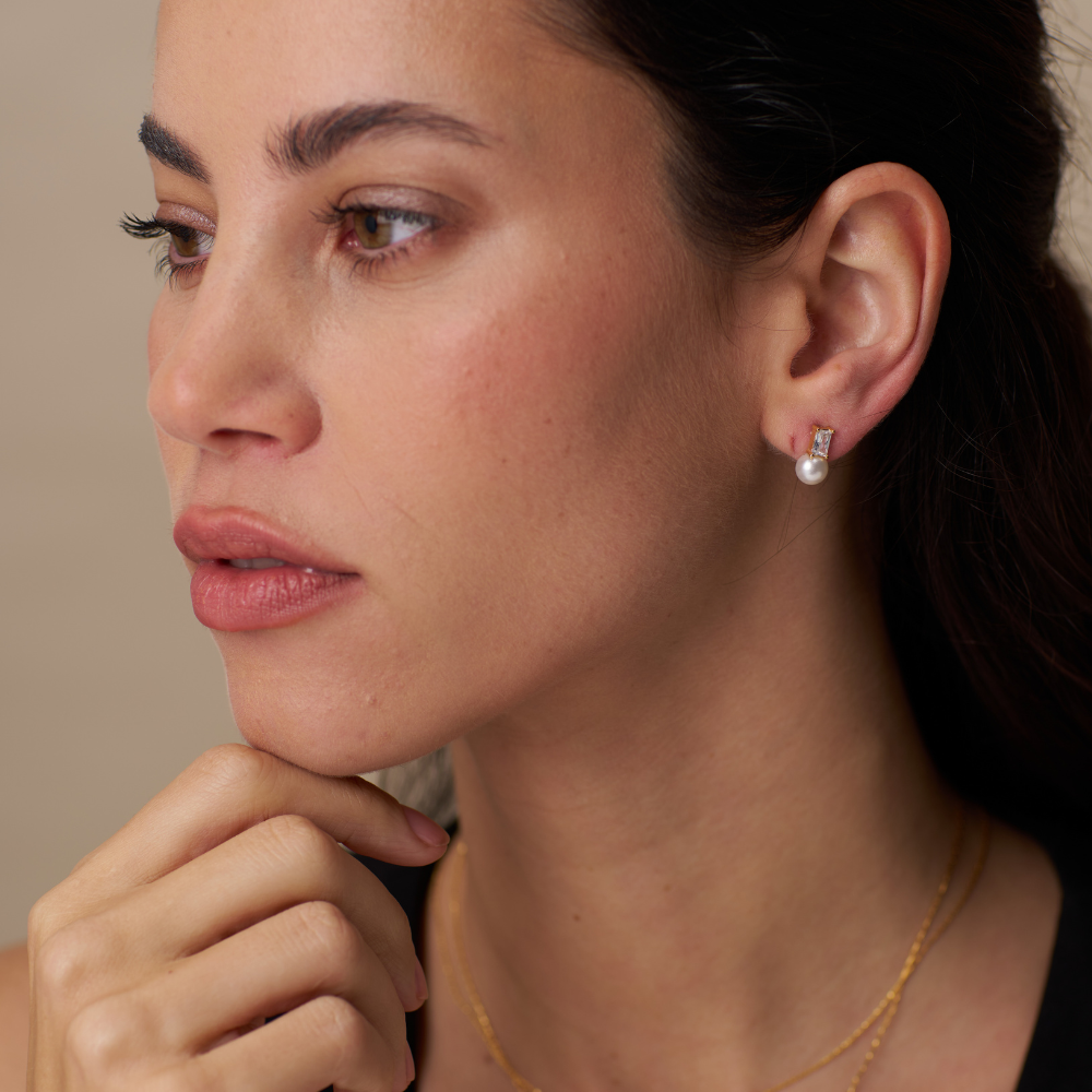 Crystal Baguette & Pearl Stud Earrings