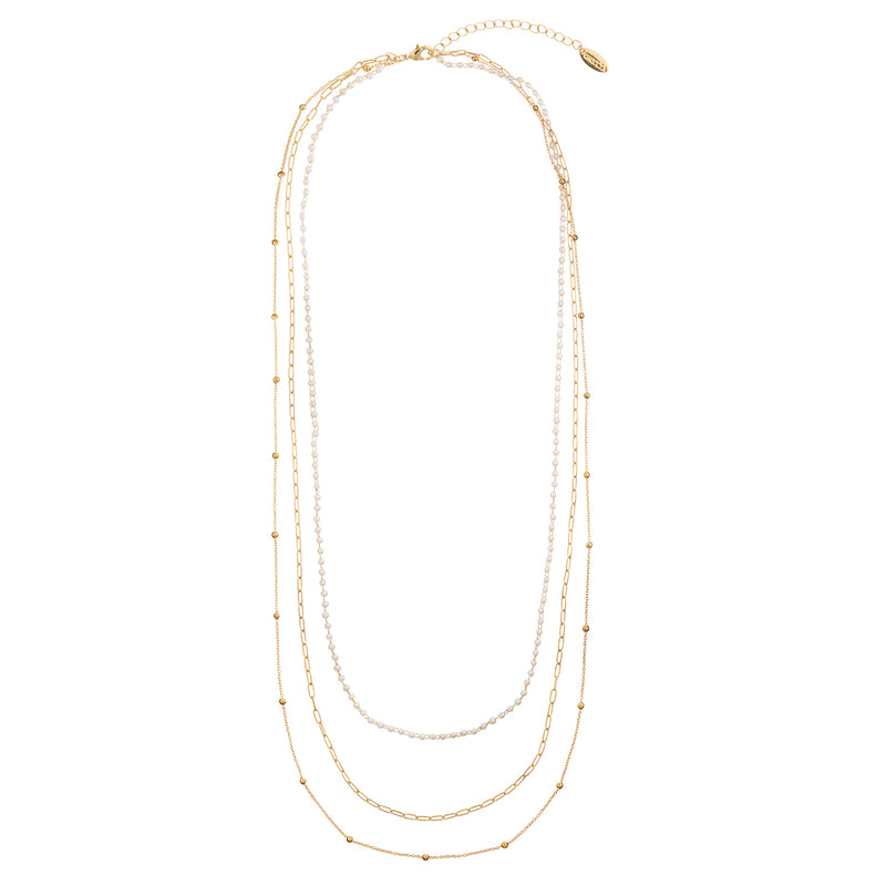 Pearl & Chain 3-Row Long Necklace
