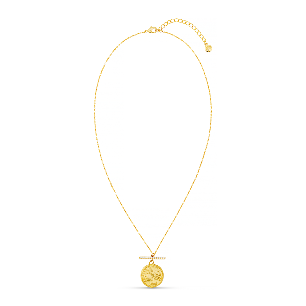 Pave T-Bar & Goddess Coin Necklace