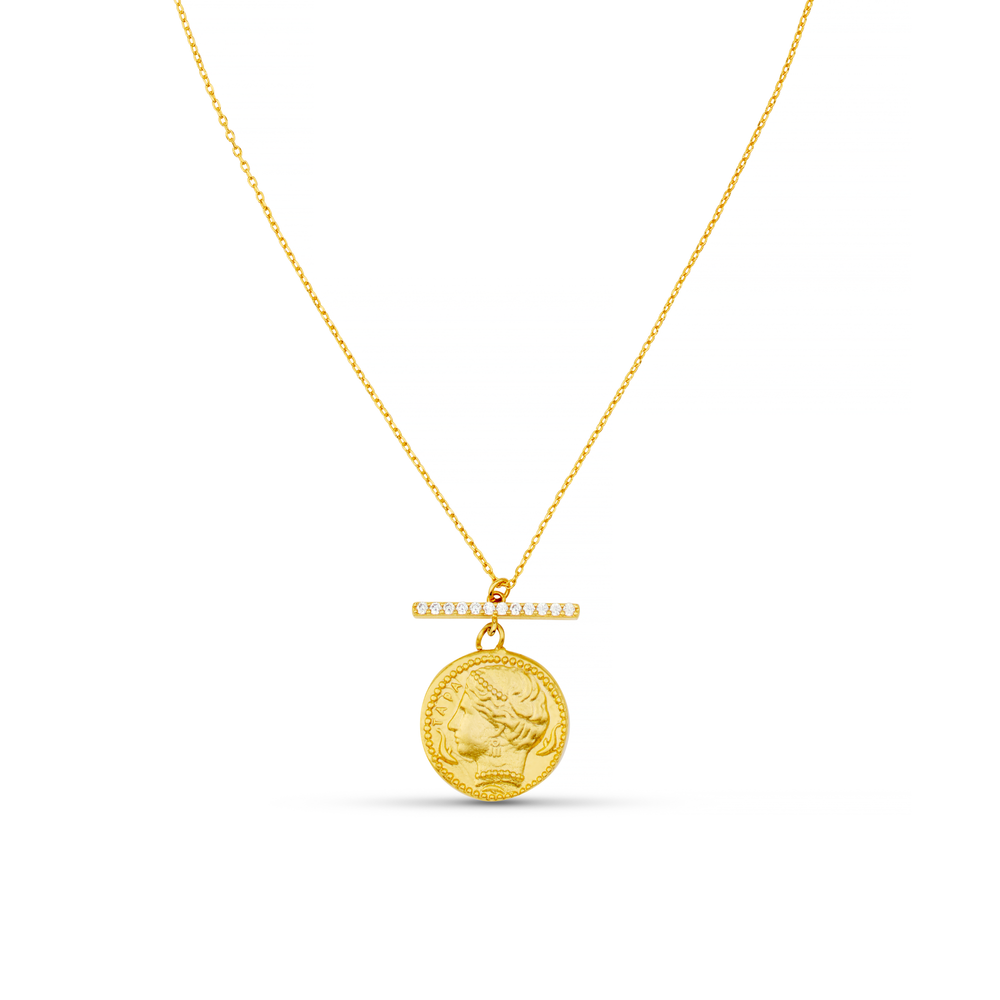 Pave T-Bar & Goddess Coin Necklace