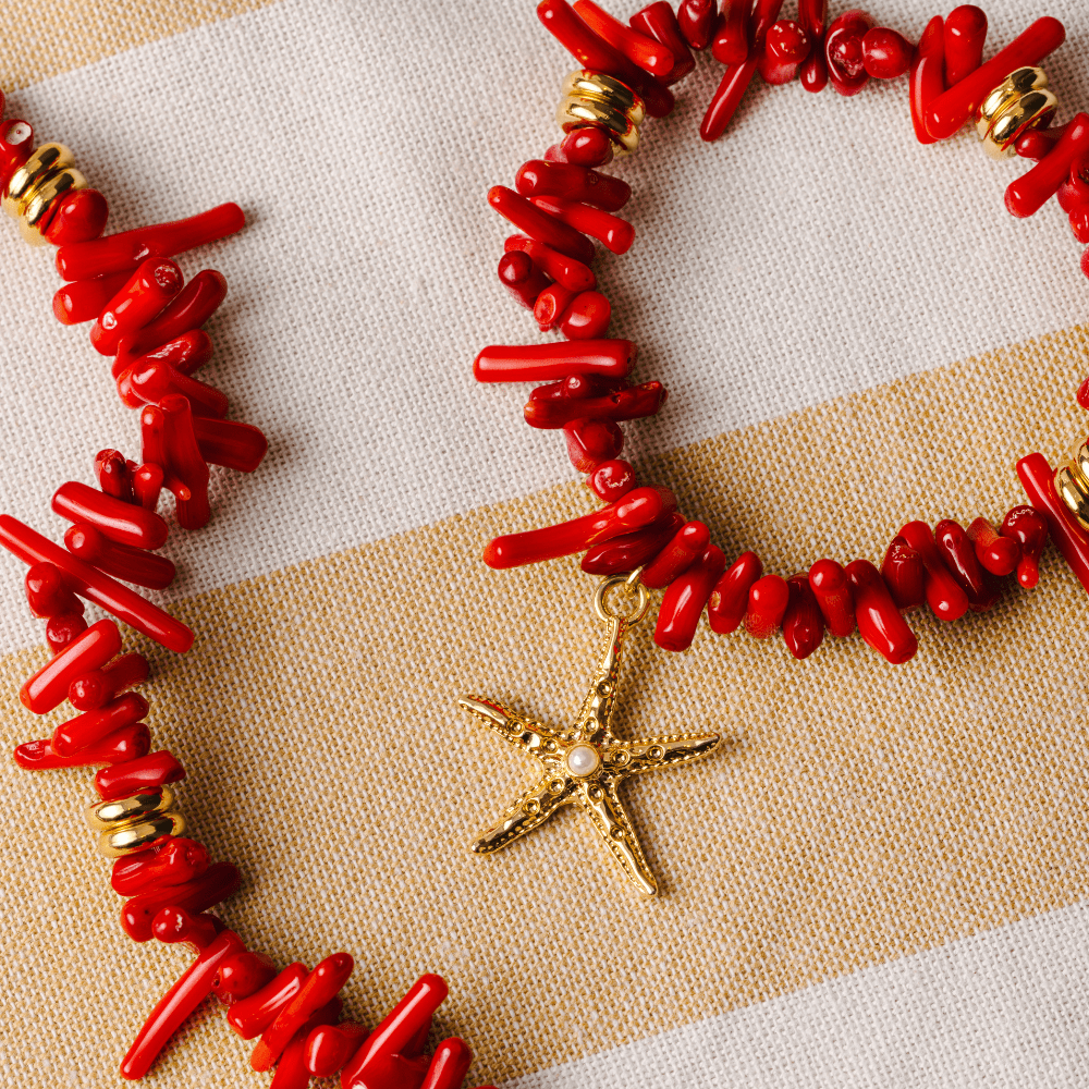 Beaded Bracelet Red Coral Chip & Starfish Bracelet Orelia Jewellery