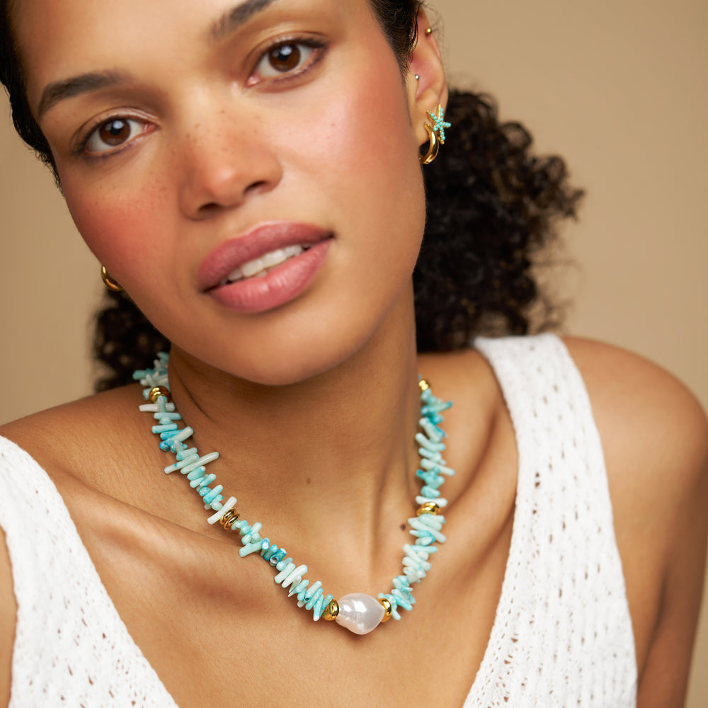 Beaded Necklace Default Statement Blue Coral Chip & Stationed Pearl Necklace Orelia Jewellery