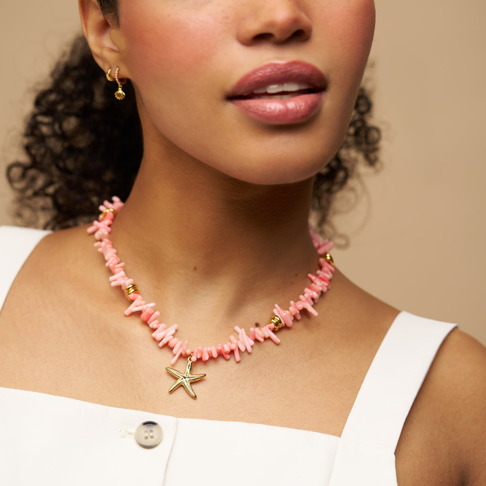 Beaded Necklace Default Statement Pink Coral Chip & Starfish Necklace Orelia Jewellery