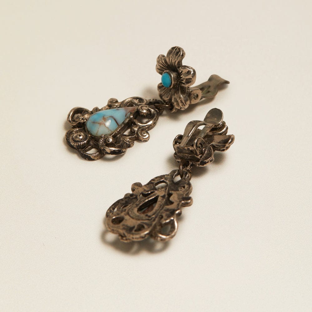 Drop Earrings Default Vintage Floral Drop Blue Stone Clip-On Earrings Orelia Jewellery