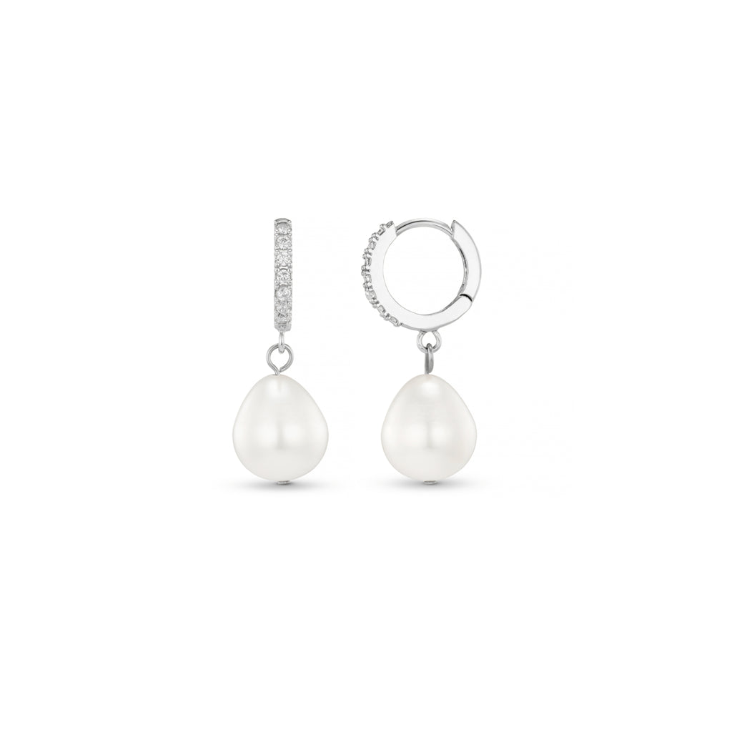 Pearl Drop Pavé Huggie Hoop Earrings - Silver