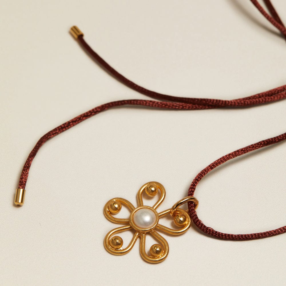 Mid-Length Necklace Default Vintage Flower Pearl Brown Cord Necklace Orelia Jewellery