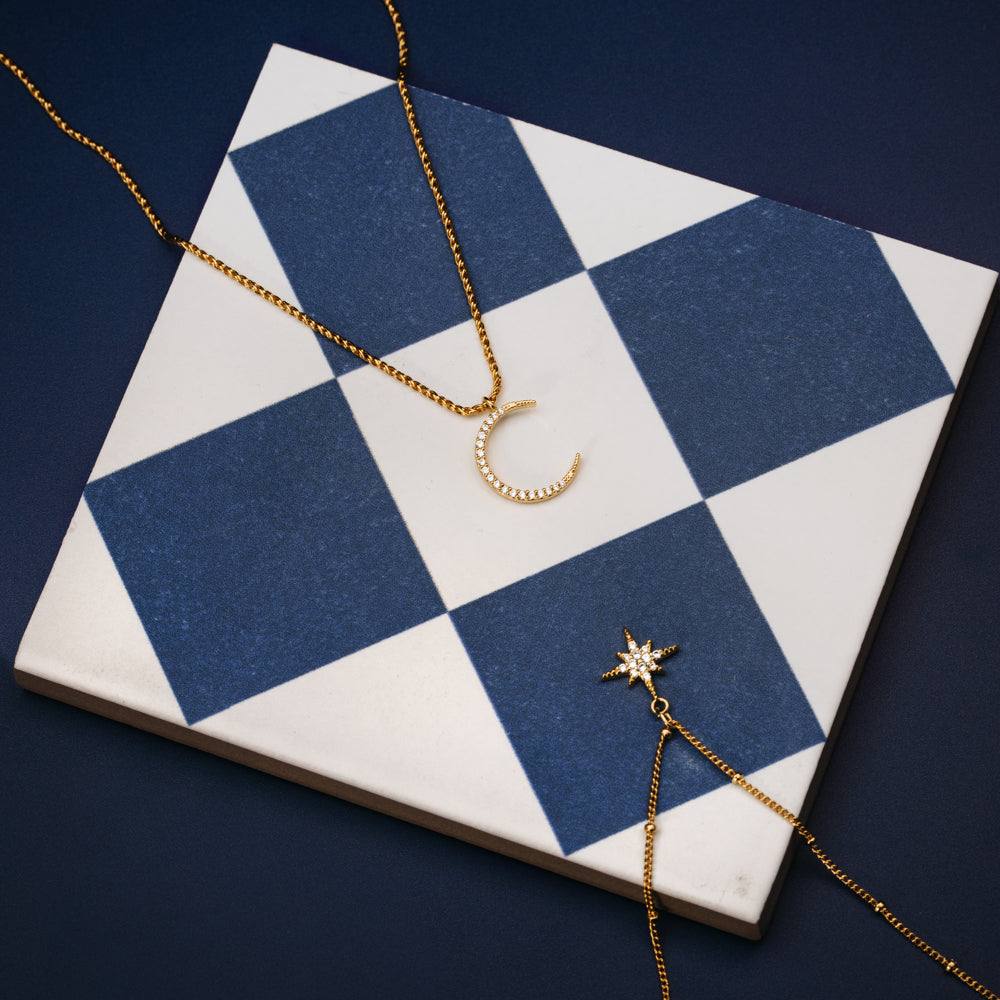 Mid-Length Necklace ONE Pavé Moon & Rope Chain Necklace Orelia Jewellery