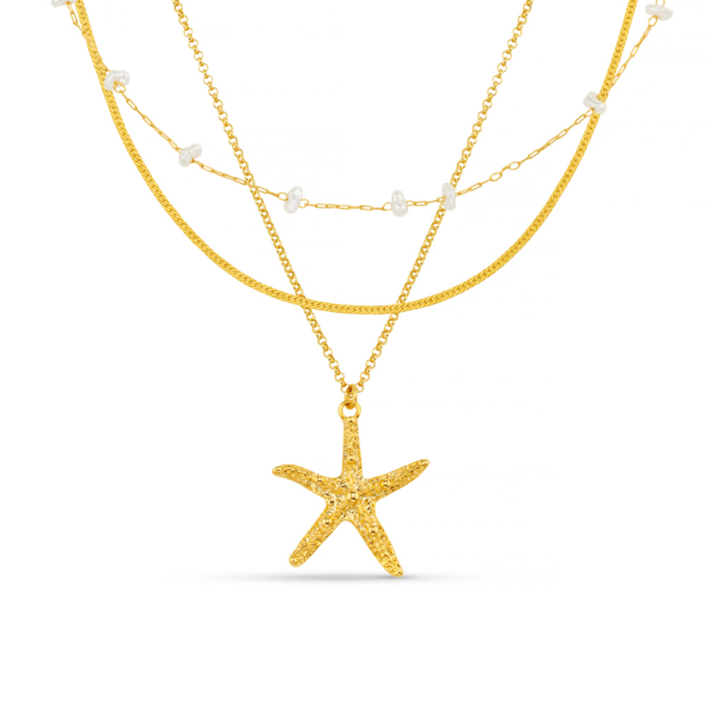 Multi Row Neckwear Default Starfish & Stationed Pearl 3-Row Necklace Orelia Jewellery