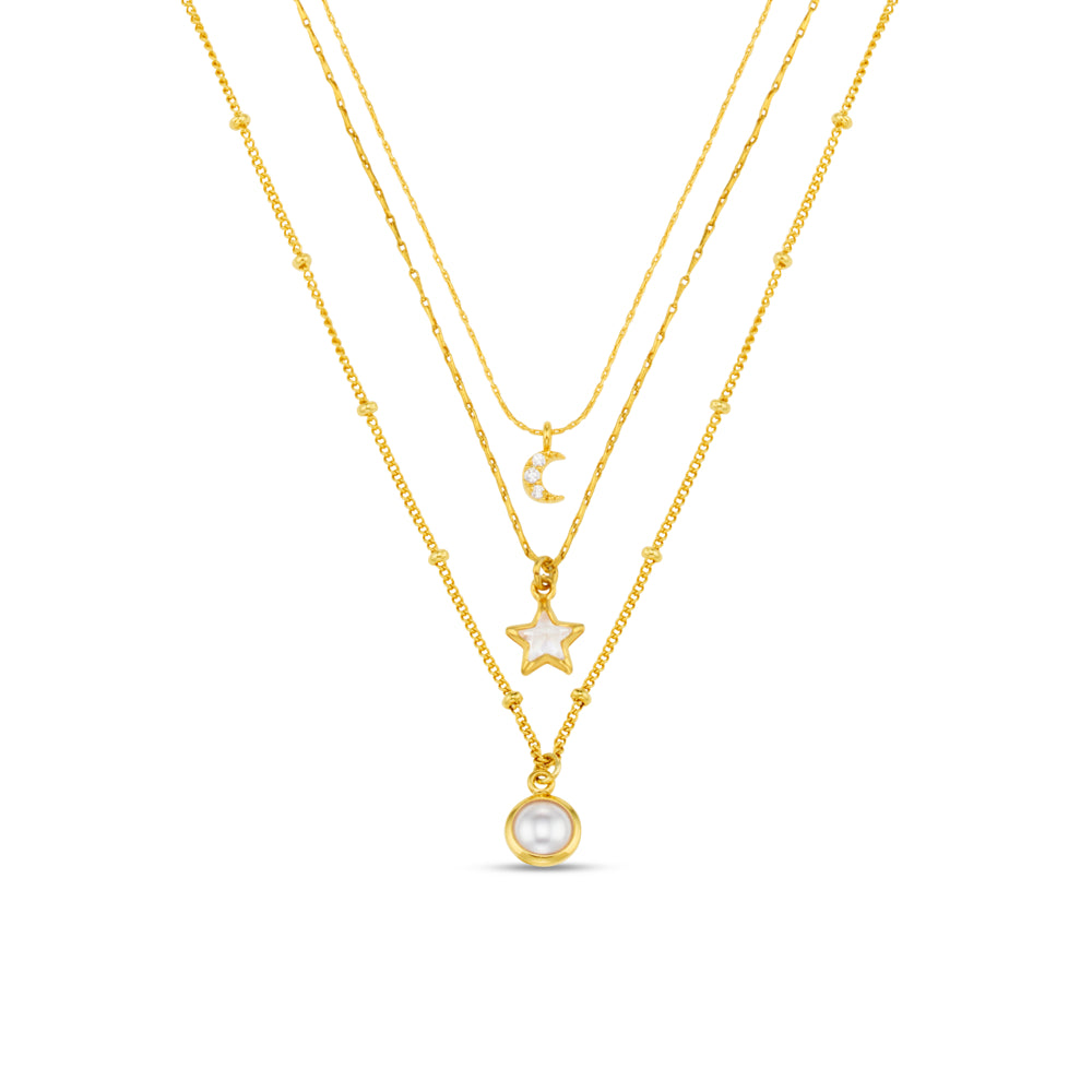 Multi Row Neckwear ONE Celestial Charm & Pearl 3-Row Necklace Orelia Jewellery
