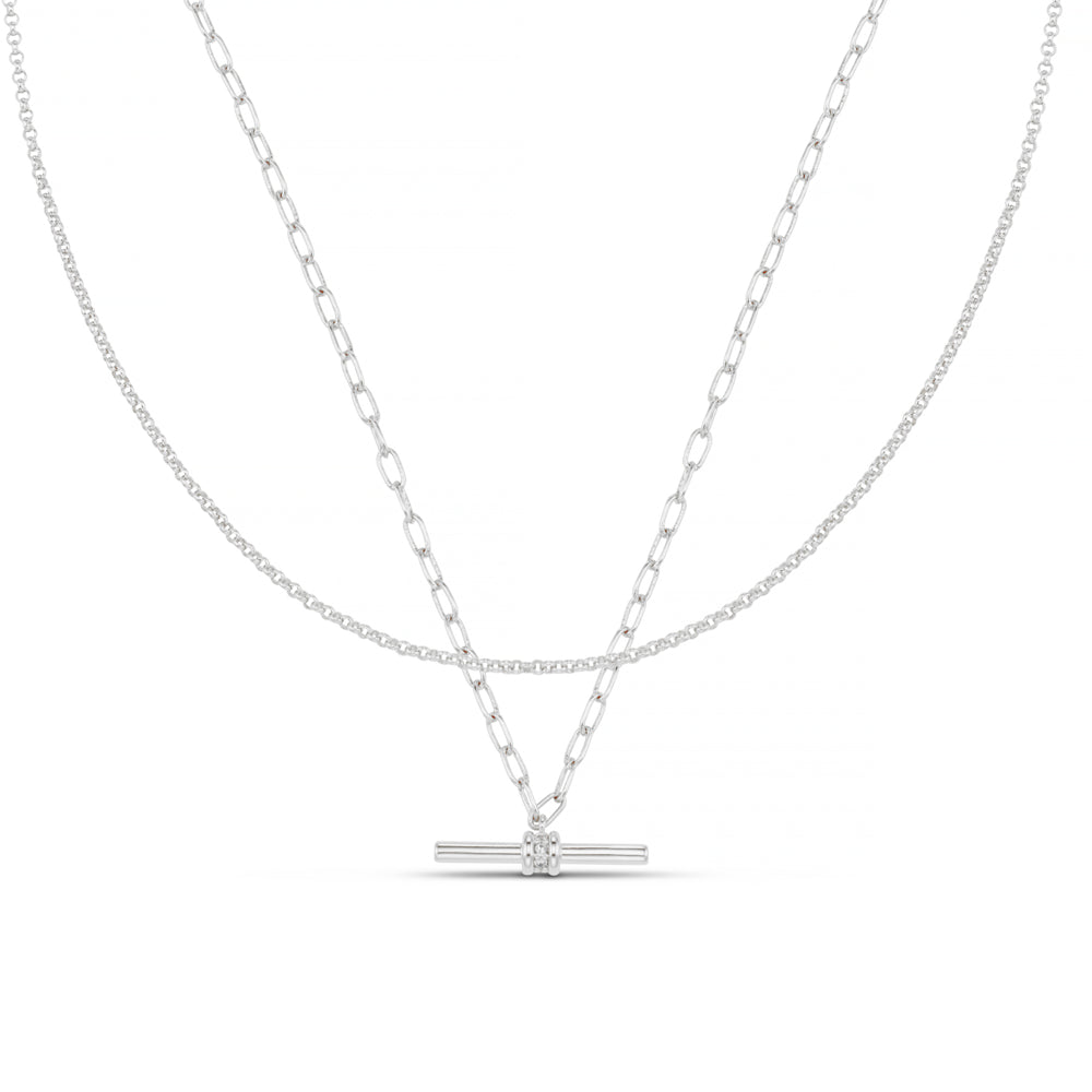 Multi Row Neckwear ONE Crystal Detail T-Bar 2-Row Necklace Silver Orelia Jewellery