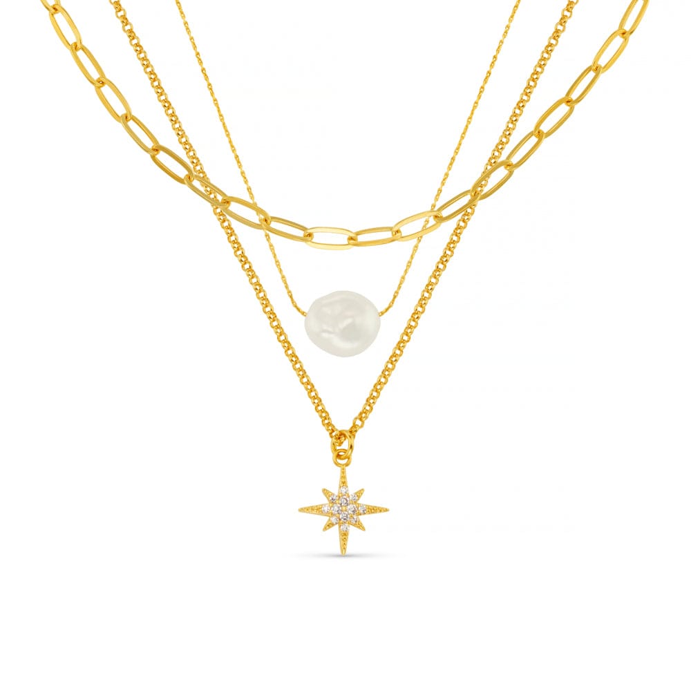 Multi Row Neckwear ONE Pearl & Pavé Starburst Three Row Necklace Orelia Jewellery