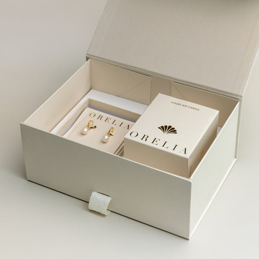 Pre Curated Sets ONE Pearl Drop Pavé Huggie Hoop Earrings & Candle Gift Box Orelia Jewellery
