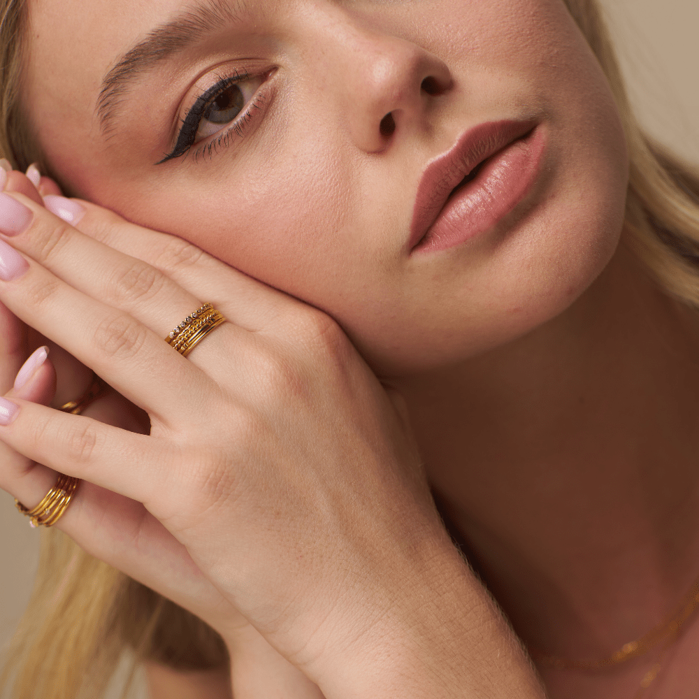 Model Wearing Ring Pack Crystal Multi Ring Stacking Set 