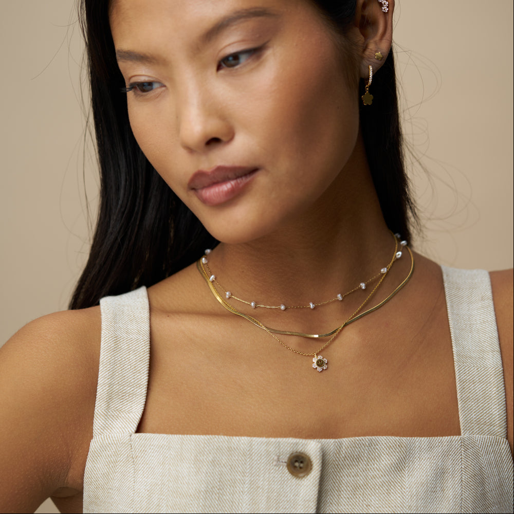 Short Necklace ONE Pavé Flower Happy Face Charm Necklace Orelia Jewellery