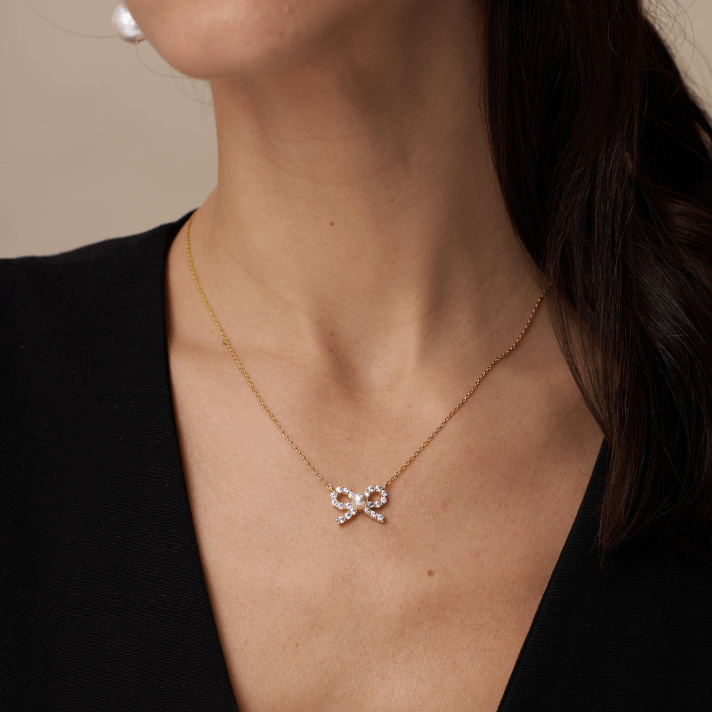 Short Necklace Pearl & Crystal Bow Charm Necklace Orelia Jewellery