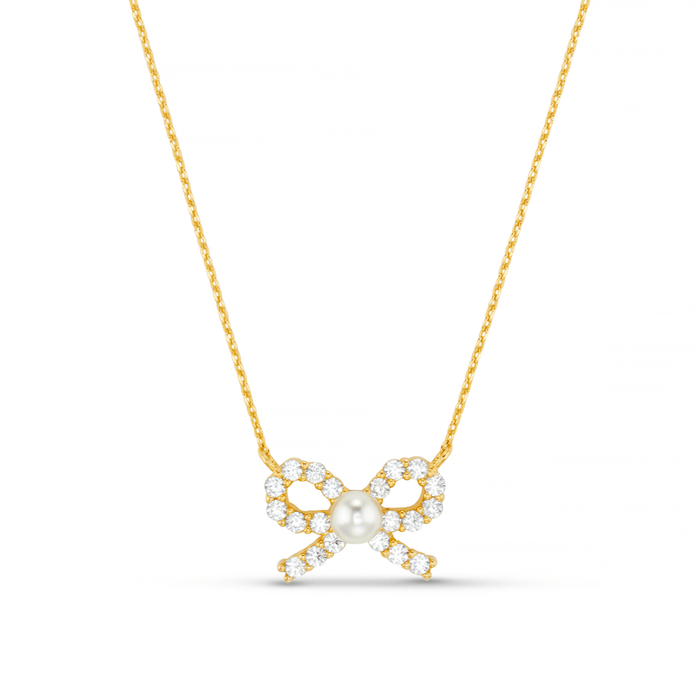Short Necklace Pearl & Crystal Bow Charm Necklace Orelia Jewellery