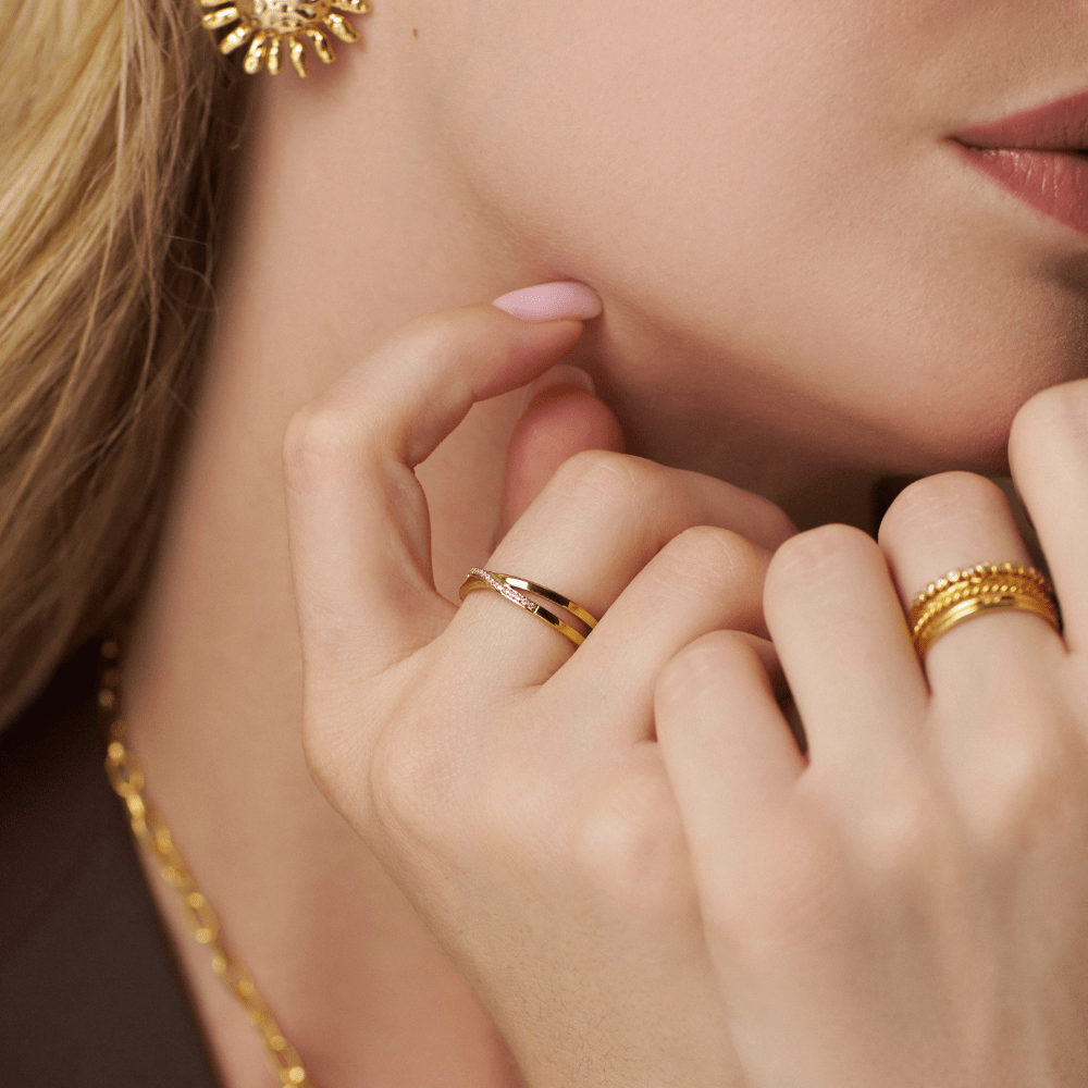 Model Wearing Single Band Ring Fine Pavé Crossover Ring