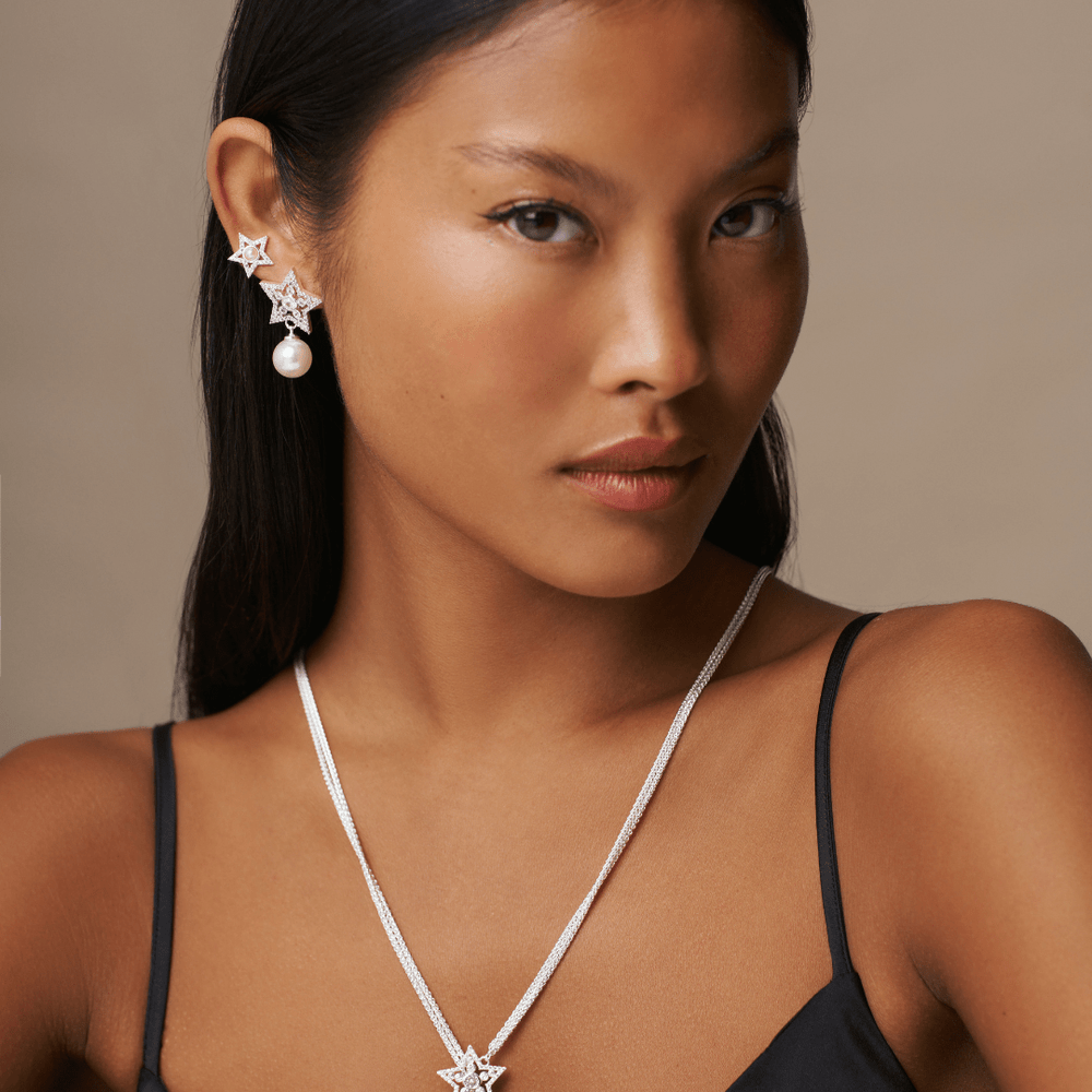 Statement Earrings Crystal Star & Pearl Drop Earrings Orelia Jewellery