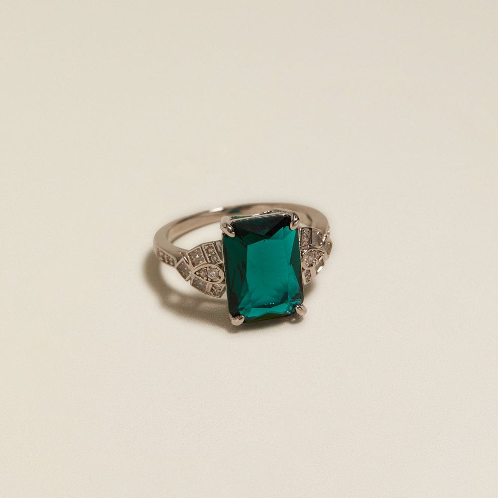 Statement Ring ONE Vintage Green Square Crystal Silver Ring Orelia Jewellery