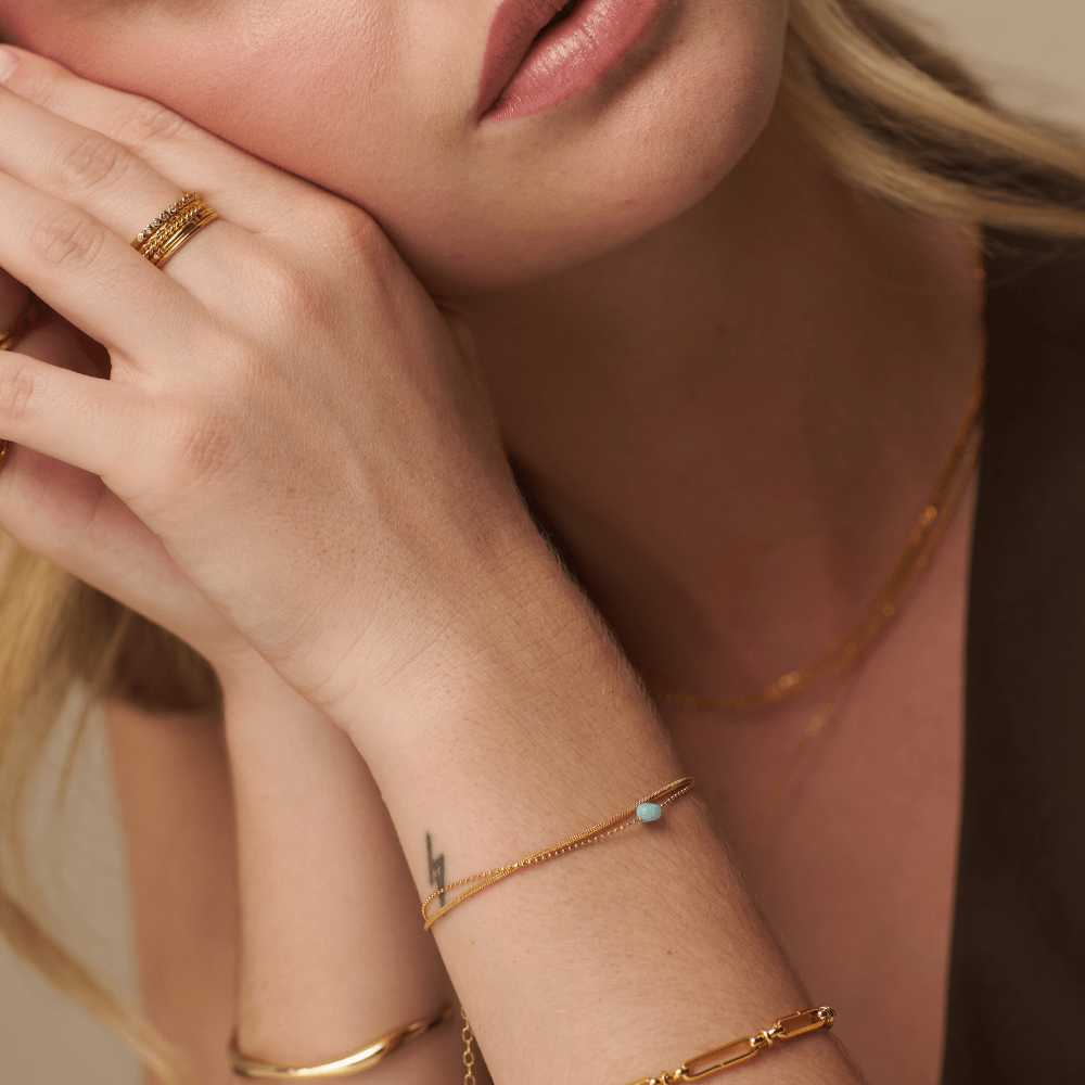 Model Wearing Wristwear Aquamarine Semi Precious 2-Row Snake Chain Bracelet Orelia Jewellery