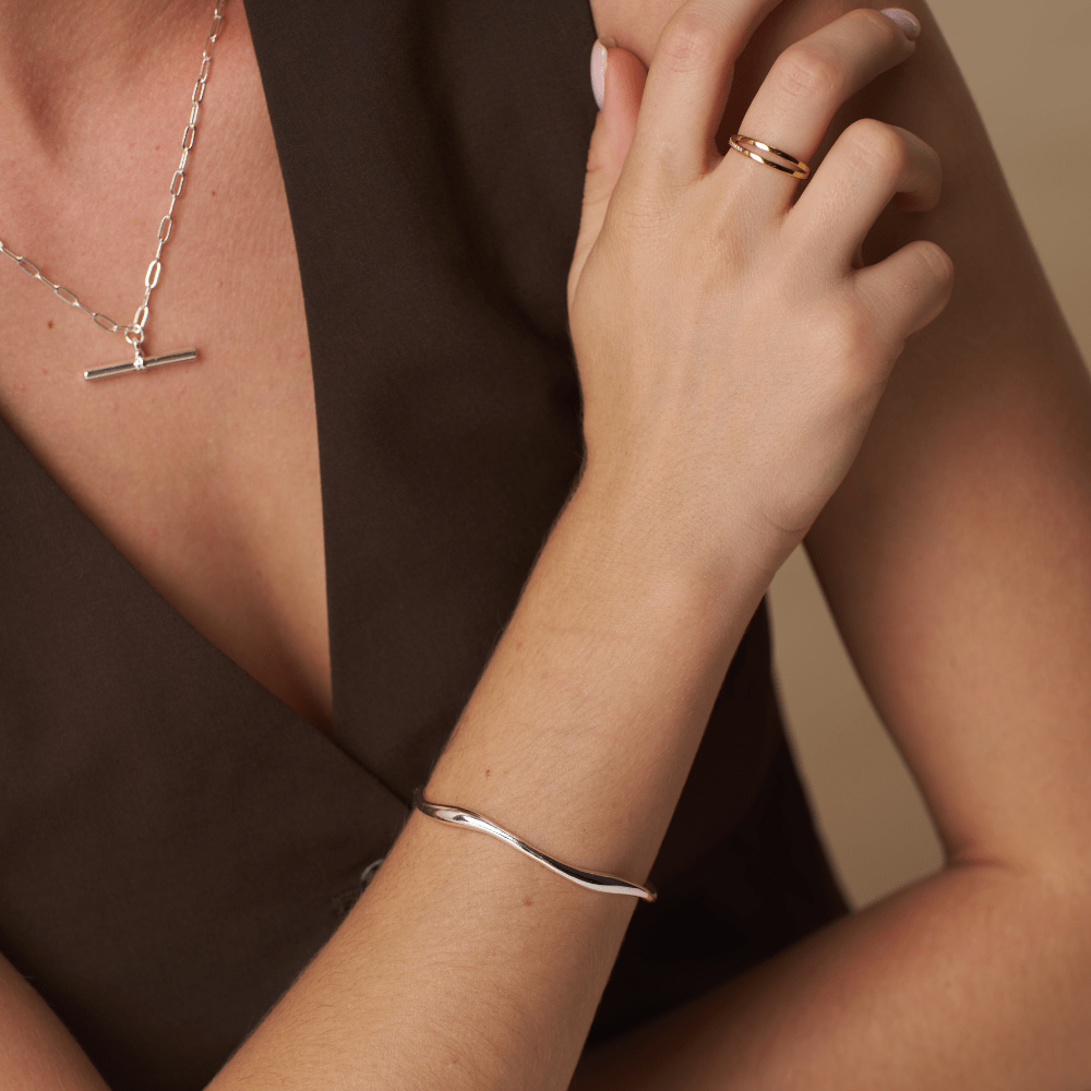 Model Wearing Wristwear Fine Wave Bangle Silver 