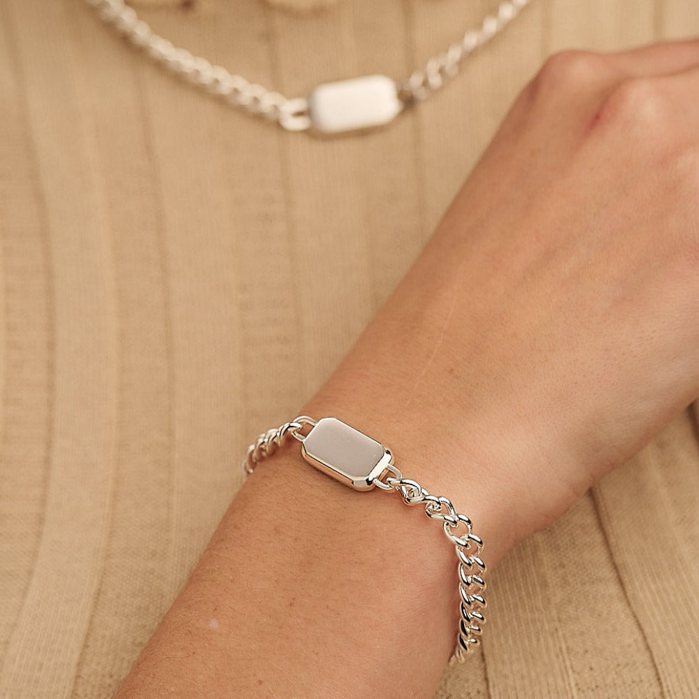 Rectangle Tag Chunky Chain Bracelet Silver