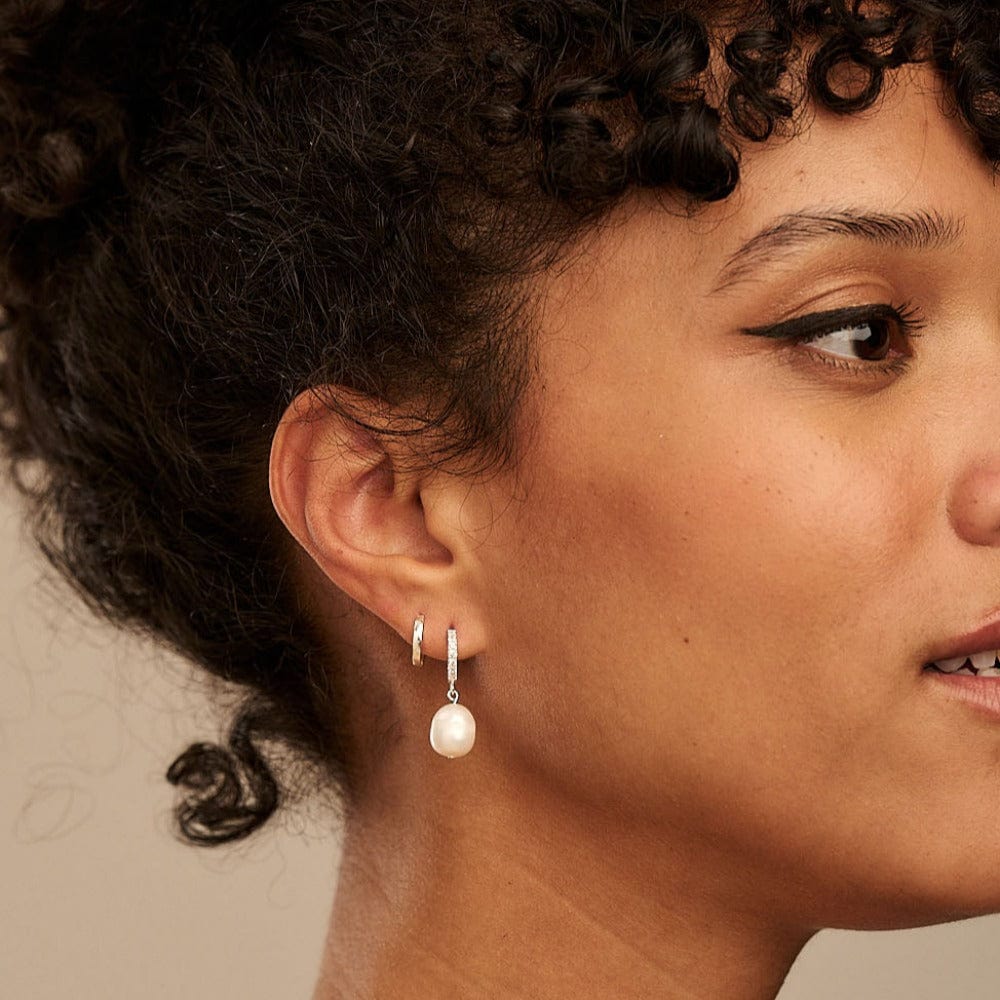 Huggie Hoops Pearl Drop Pavé Huggie Hoop Earrings - Silver Orelia Jewellery