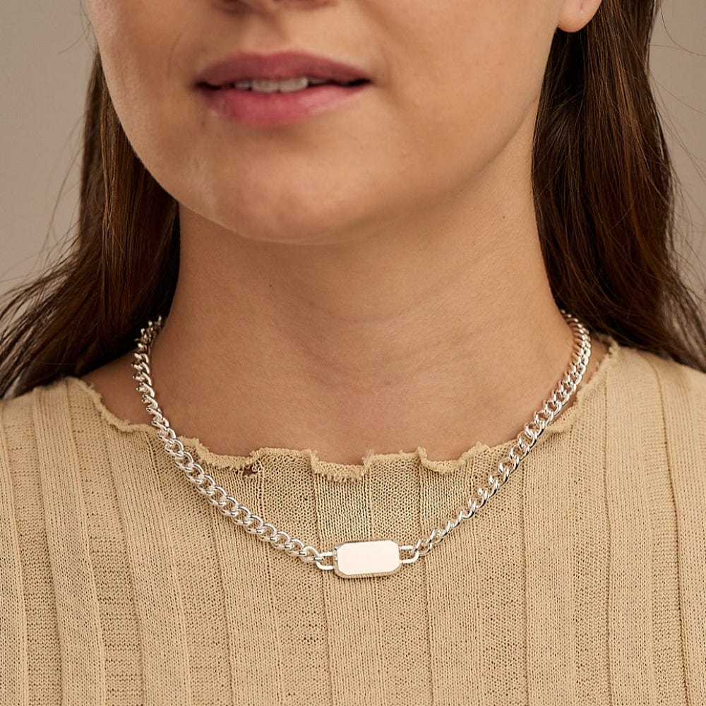 Short Necklaces Rectangle Tag Chunky Chain Necklace - Silver Orelia Jewellery
